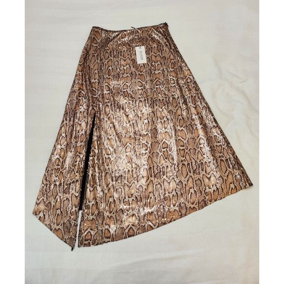 Snake Print Sequin Midi Skirt A-Line Hi Low Slit Gold Brown Party Sexy Mob Wife - Picture 5 of 8